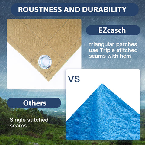 Close-up of triangle patches and triple-stitched seams on the tarp.
