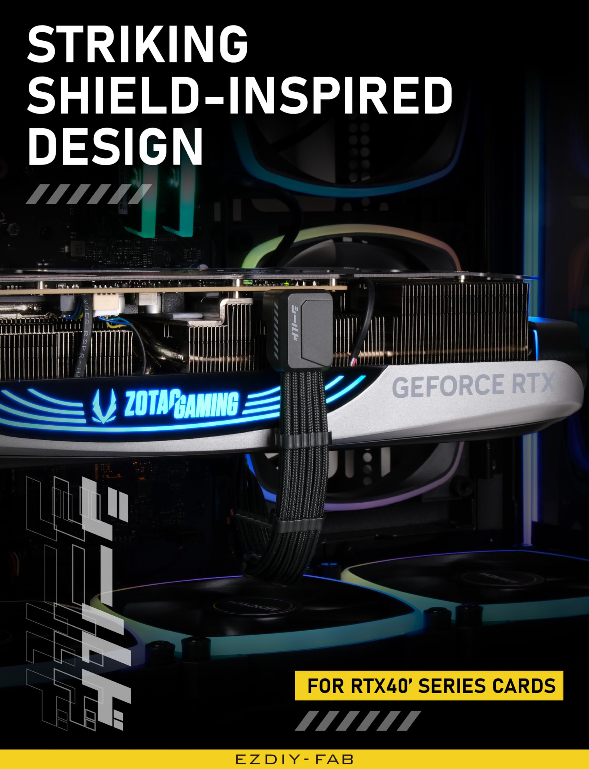 EZDIY-FAB Shield PCIe5.1 front view in black, showcasing compact aesthetics and tidy cable routing