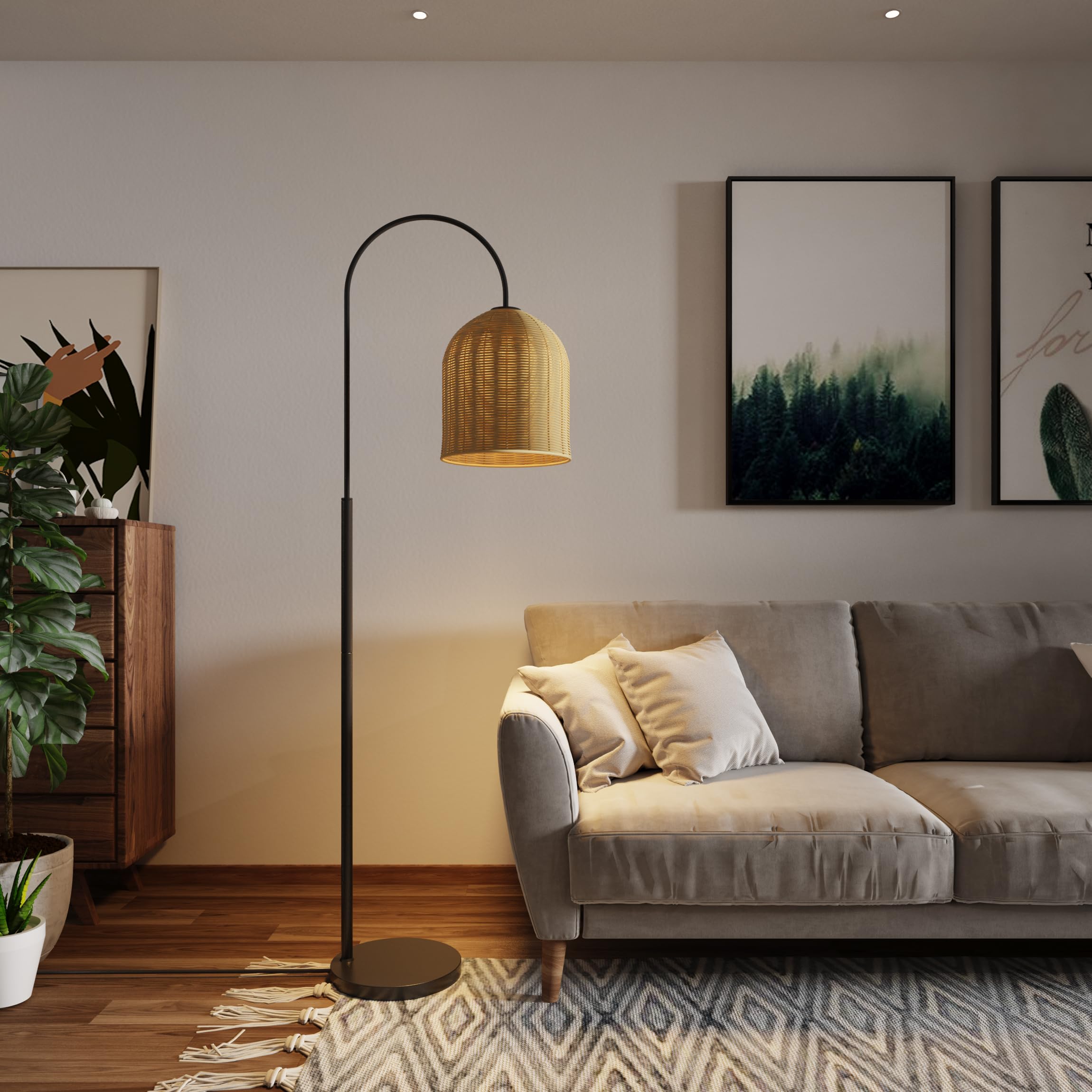 EzeeLum rattan floor lamp with arc design for cozy living spaces.