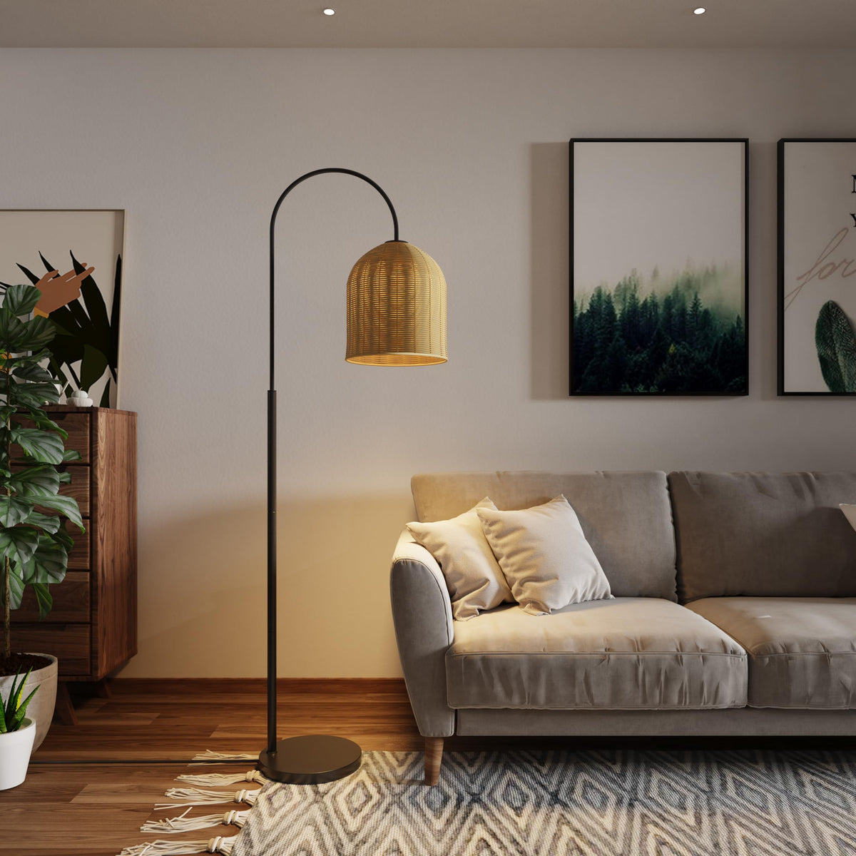 EzeeLum rattan floor lamp with arc design for cozy living spaces.