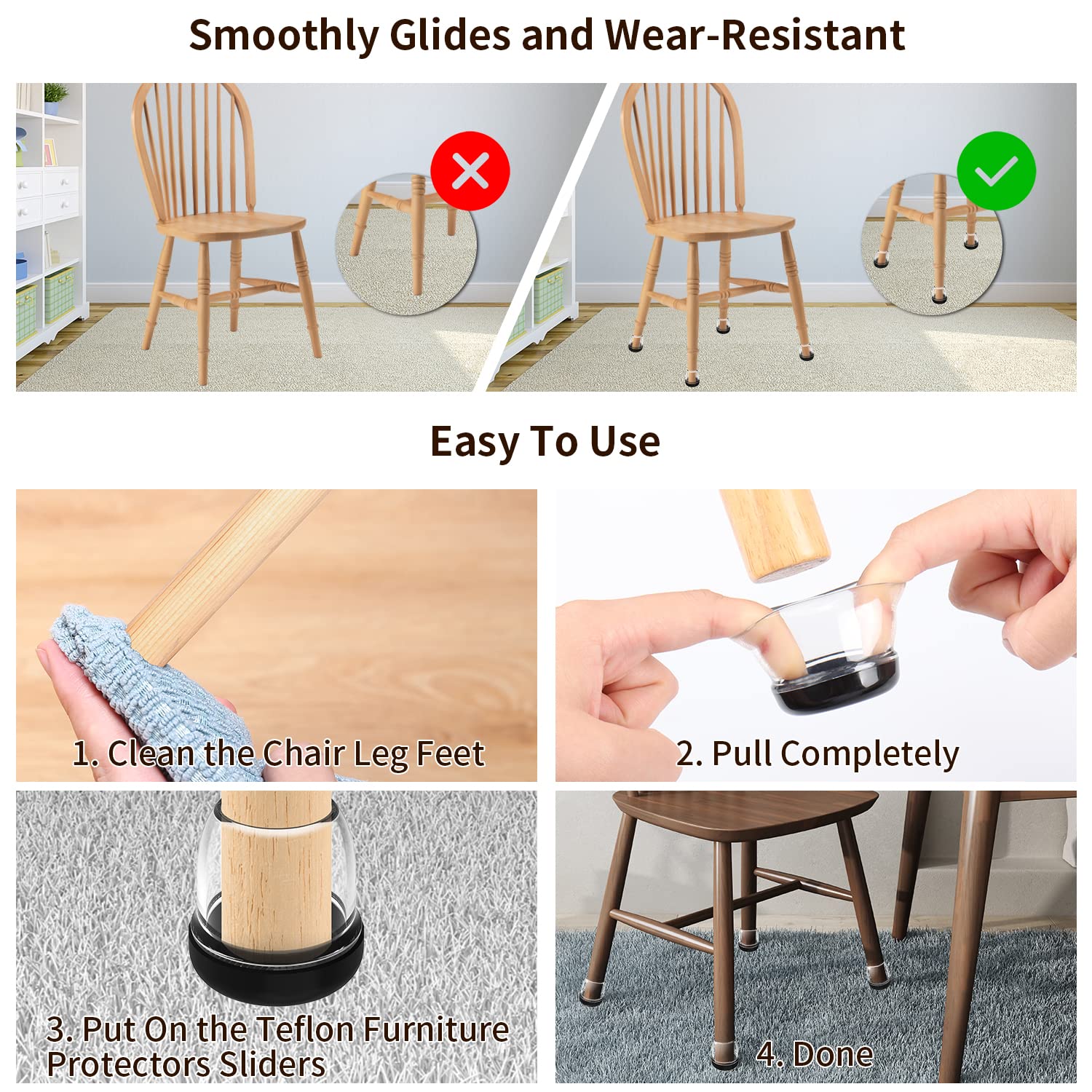 Ezprotekt chair sliders are easy to install and reusable on different furniture.