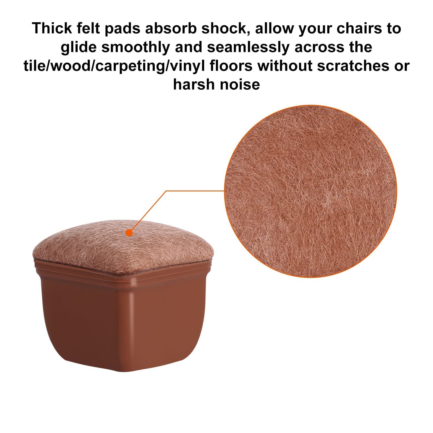 Ezprotekt square leg cup with brown felt bottom reduces noise on tiles.