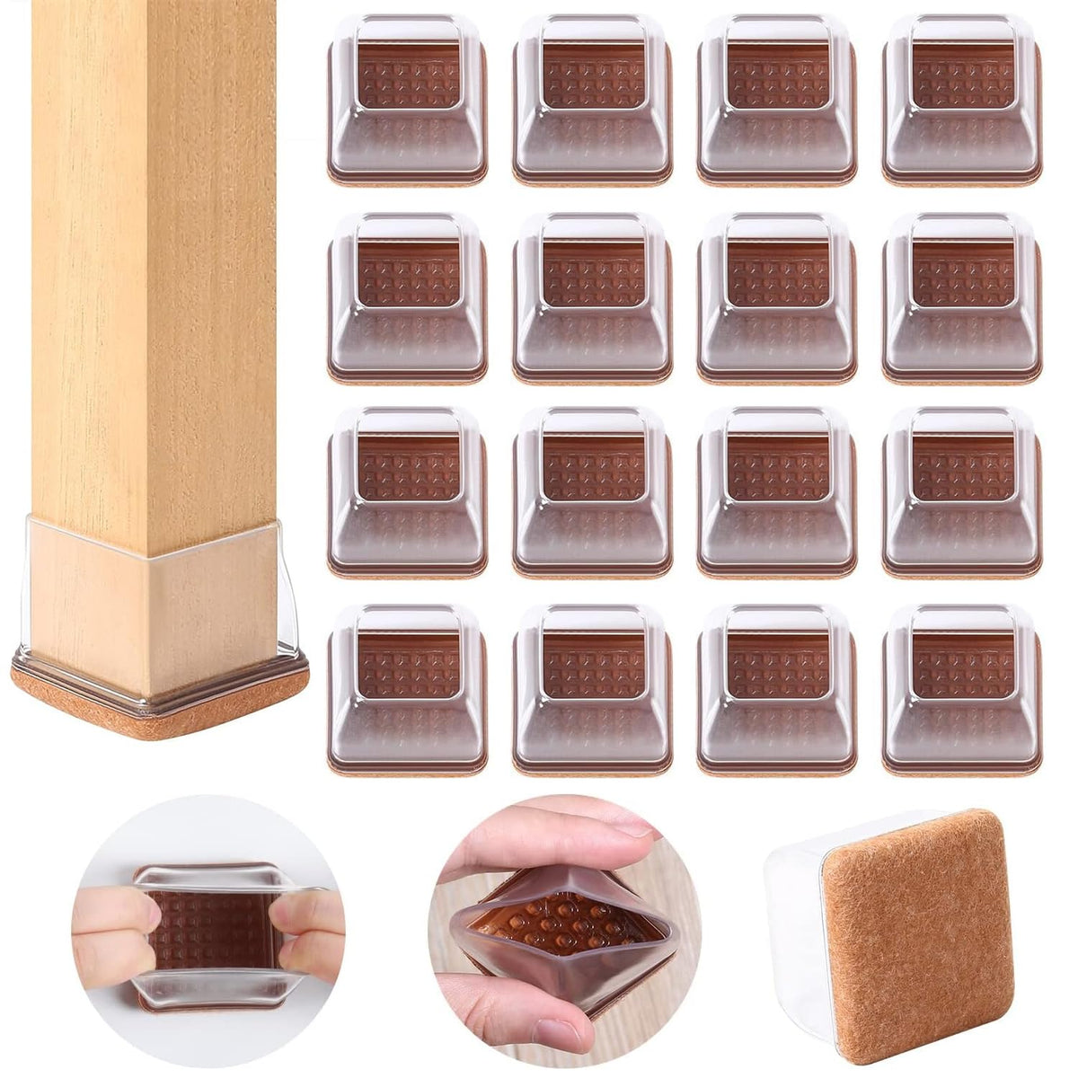 Ezprotekt square leg protectors fit 1–1.4 inch legs and guard hardwood floors.
