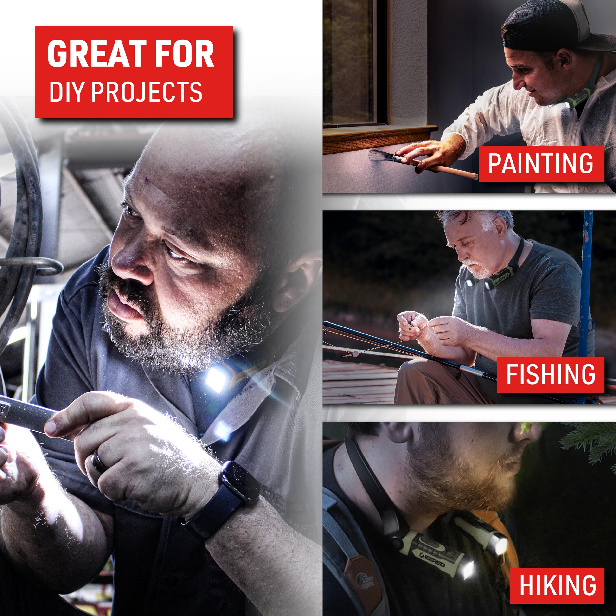 EZRED ANYWEAR neck light with dual beams illuminating work area.