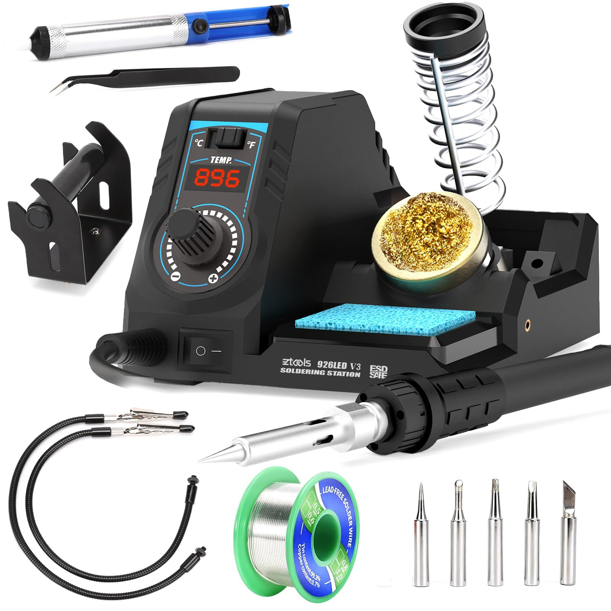 EZTOOLS 926LED V3 main unit with front view and temperature control knob for precise soldering.