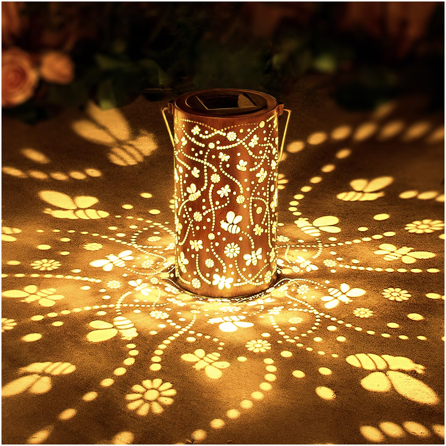 EZTZEN Bee Solar Lanterns with hanging pattern create warm garden illumination.