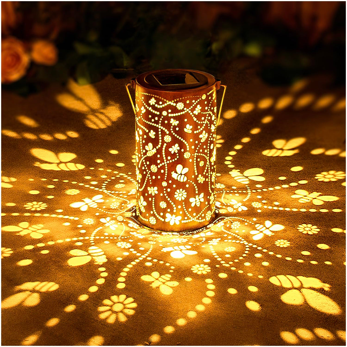 EZTZEN Bee Solar Lanterns with hanging pattern create warm garden illumination.