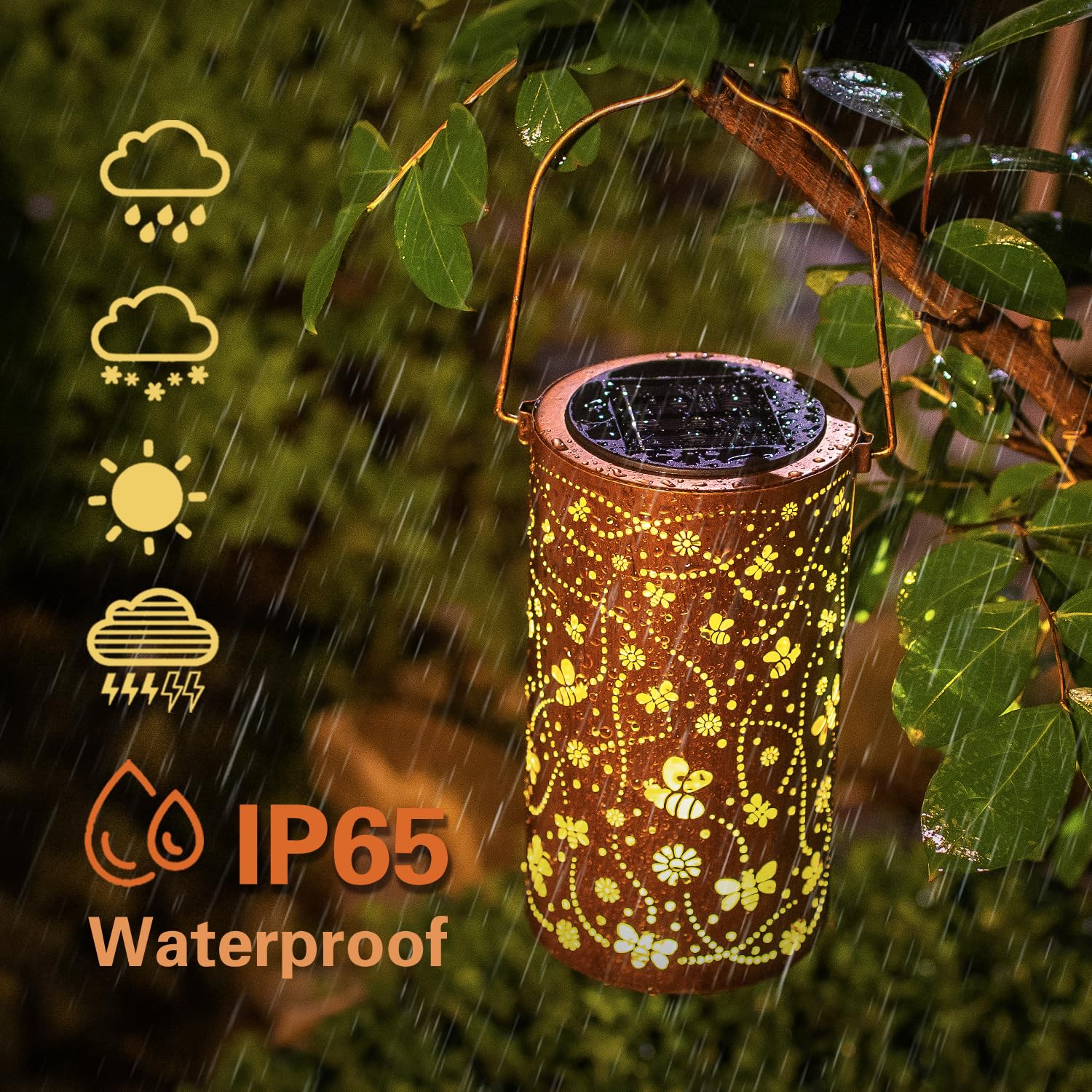 EZTZEN Bee Solar Lanterns metal frame detail adds antique charm.