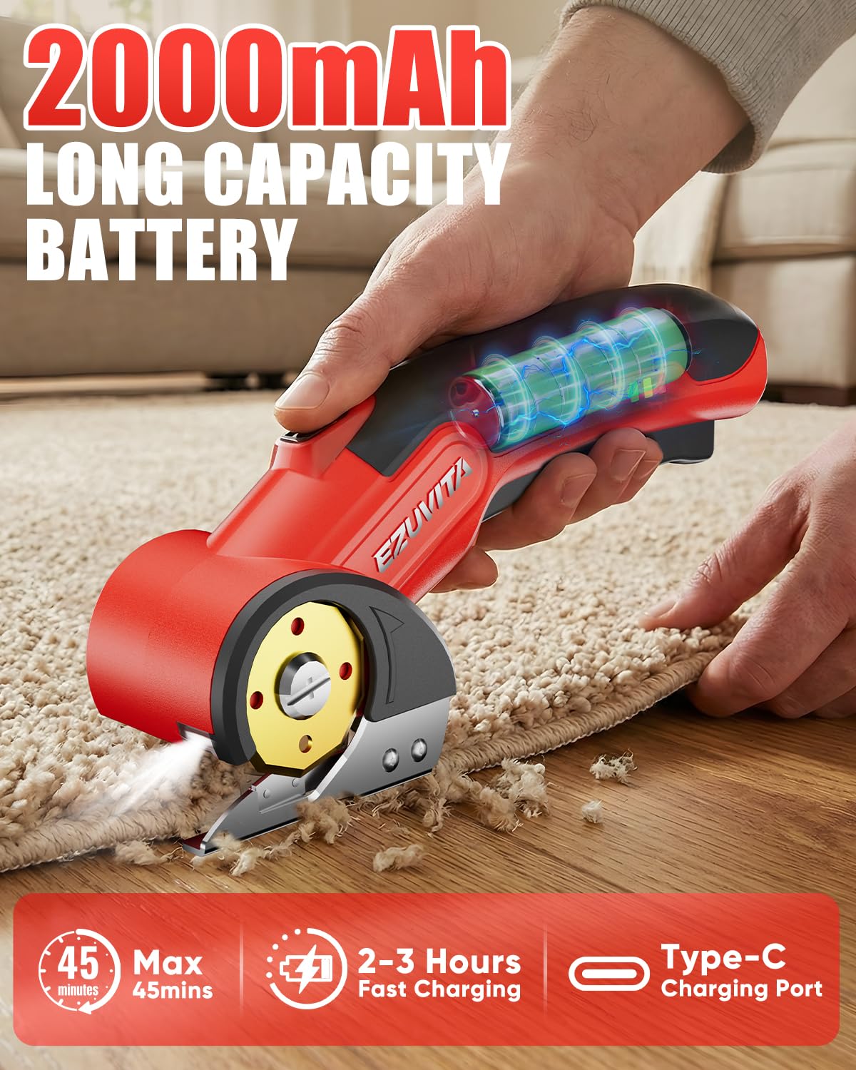 EZUVITA 2000mAh battery shows power status for uninterrupted work