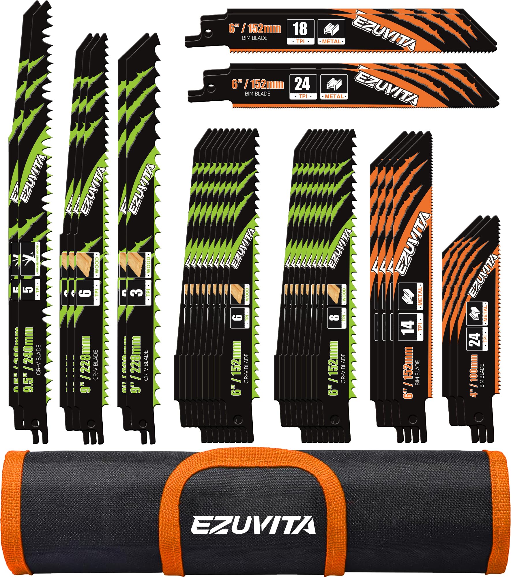 EZUVITA 36-piece reciprocating saw blade set with organizer pouch for quick blade access.