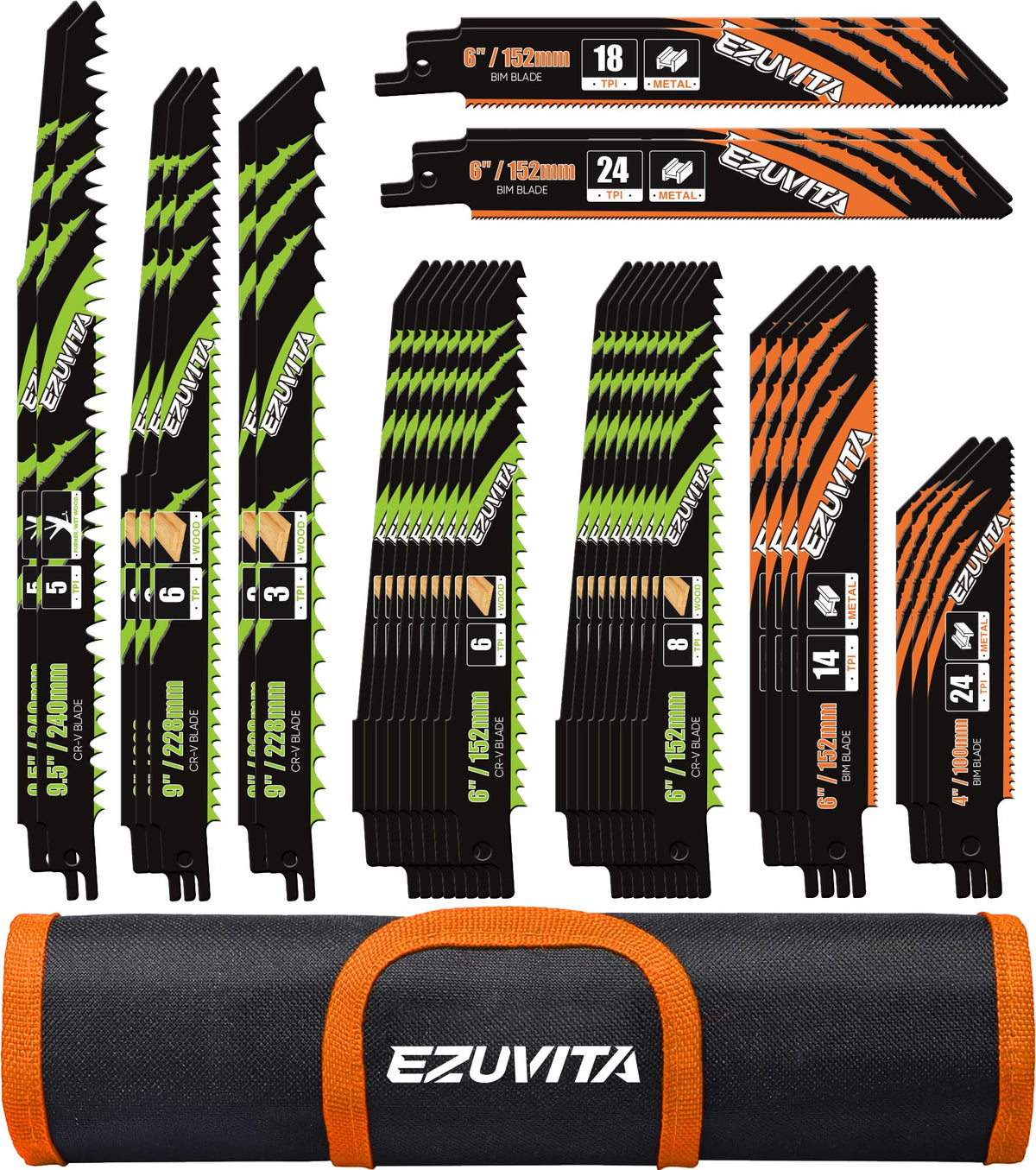 EZUVITA 36-piece reciprocating saw blade set with organizer pouch for quick blade access.
