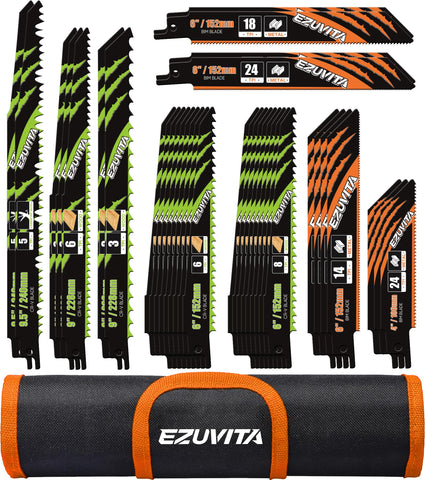 EZUVITA 36-piece reciprocating saw blade set with organizer pouch for quick blade access.