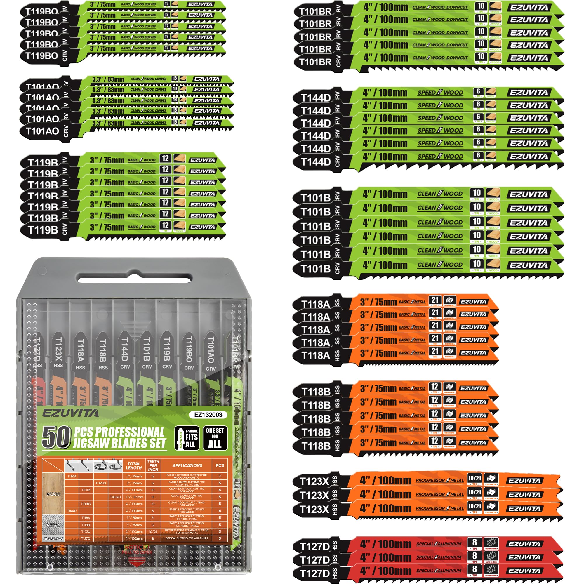 EZUVITA 50-piece jigsaw blades set for versatile woodworking projects