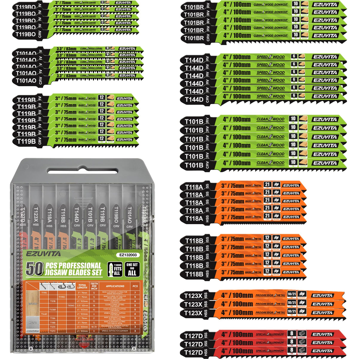 EZUVITA 50-piece jigsaw blades set for versatile woodworking projects