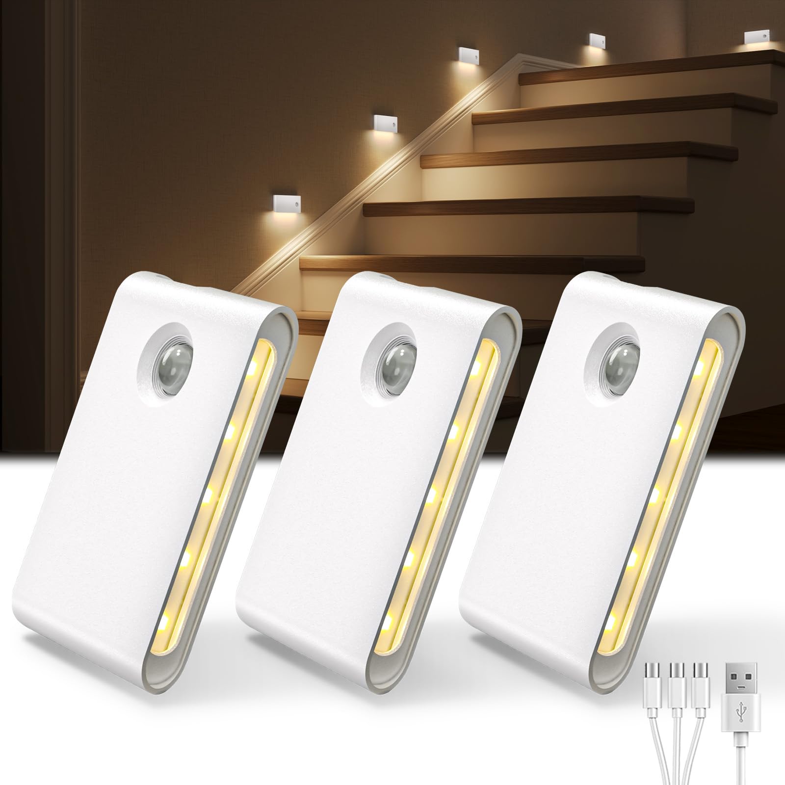 EZVALO 3-pack motion sensor night lights illuminate stairs softly and safely.
