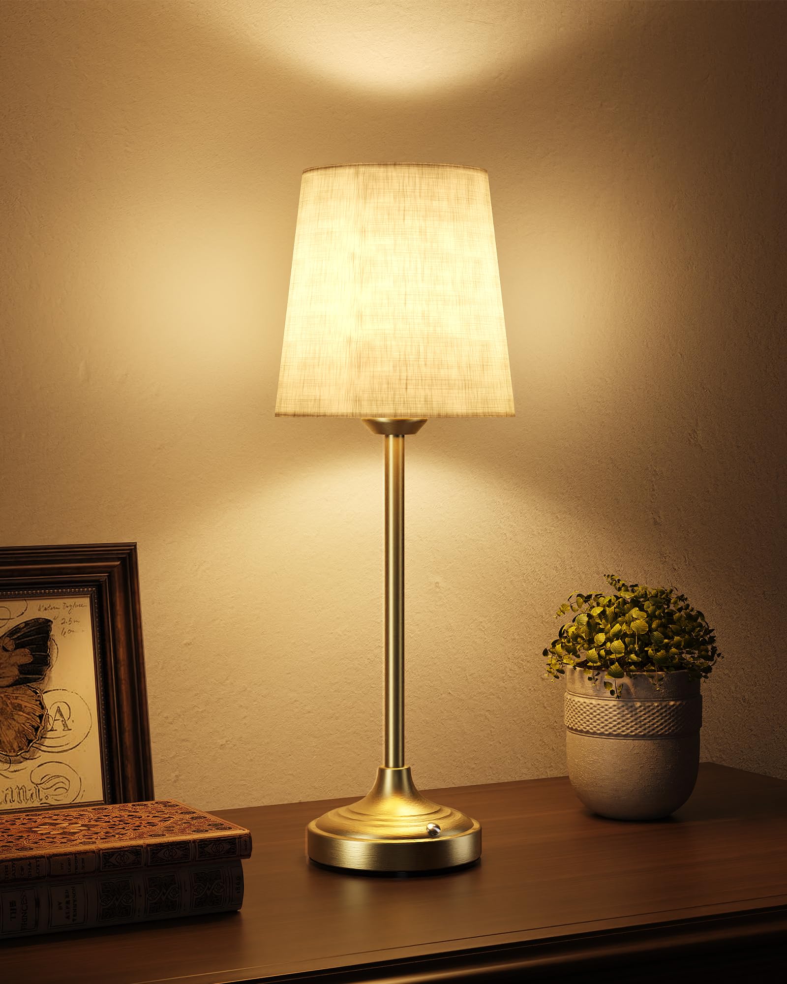 EZVALO battery-operated lamp with brass base provides warm lighting for living spaces.