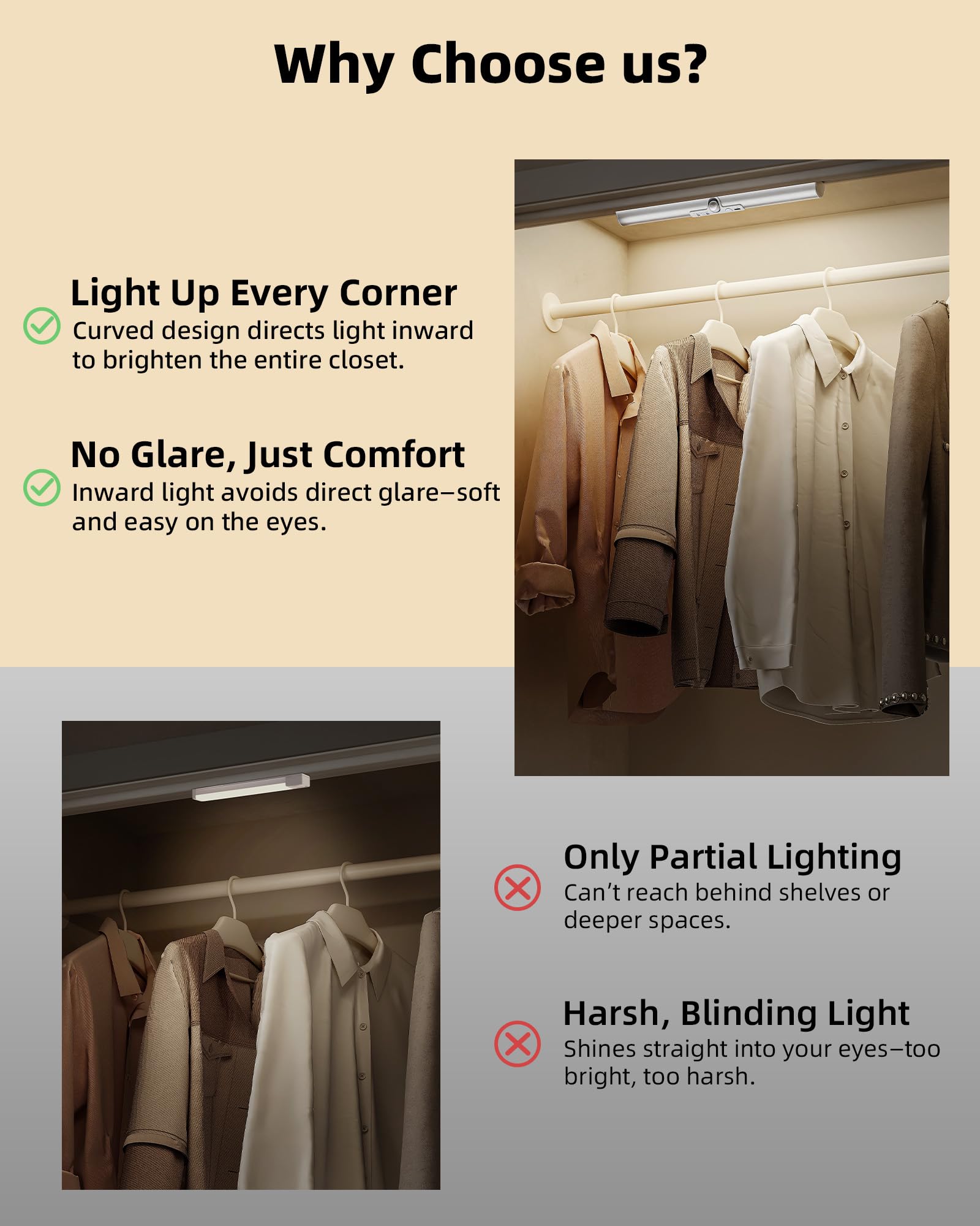 EZVALO curved-design closet light delivers glare-free, full-coverage brightness.