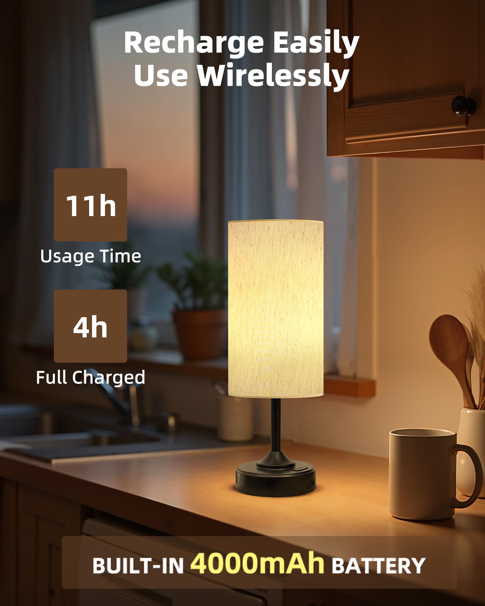EZVALO cordless lamp base with fabric shade for soft, diffused glow