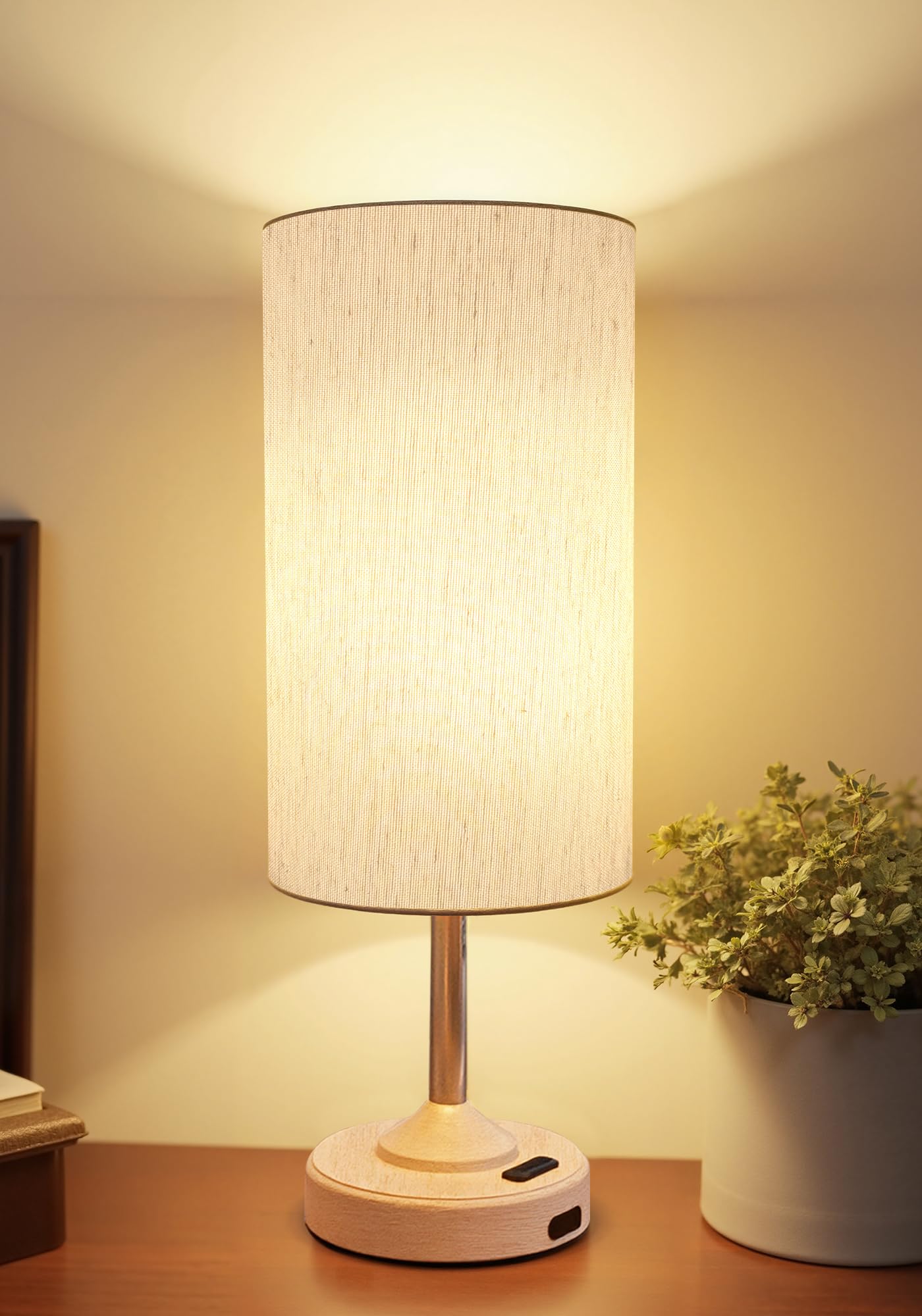EZVALO cordless table lamp with wood-grain base for warm ambient light
