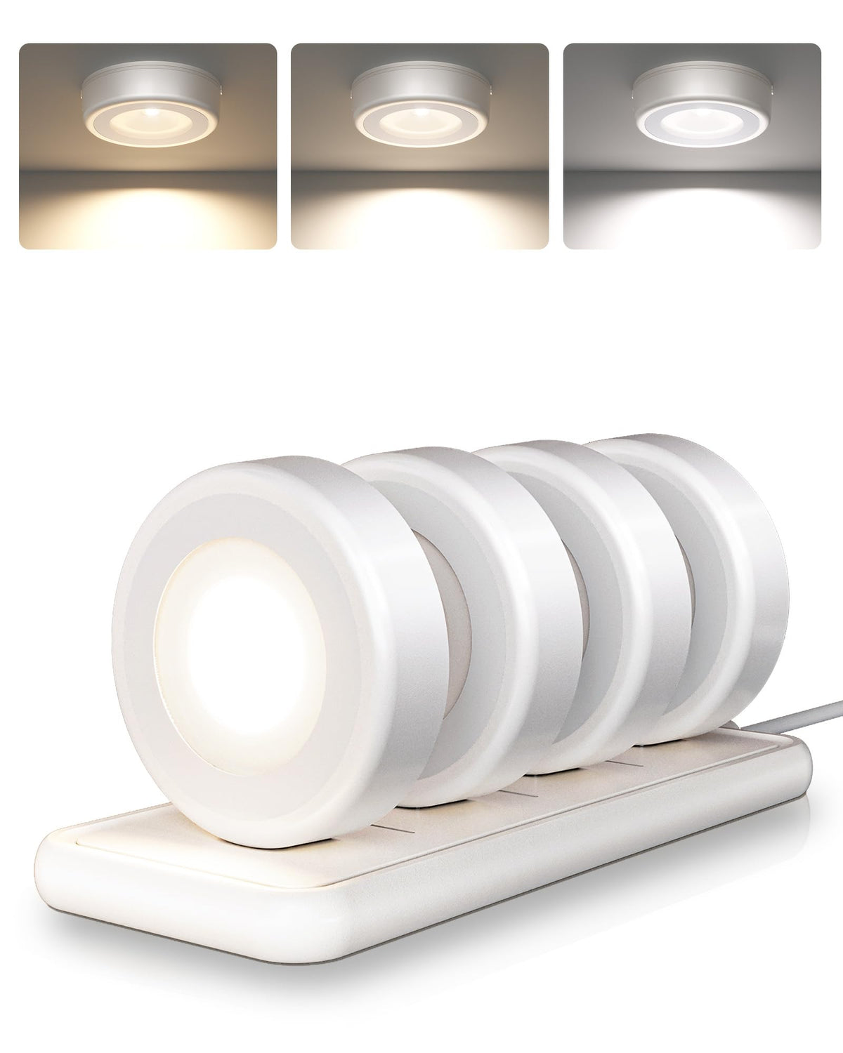 EZVALO LED puck light with charging station illuminating a closet setup