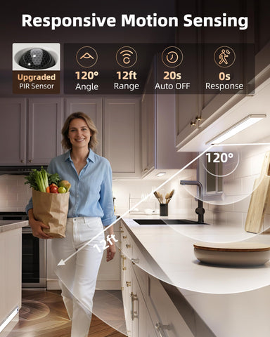 EZVALO motion sensor detects within 12 feet for hands-free lighting.