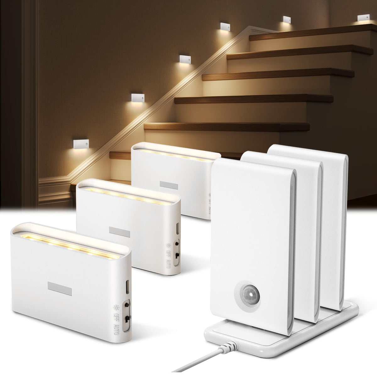 EZVALO motion sensor night light pack guiding you up stairs with gentle energy-saving light