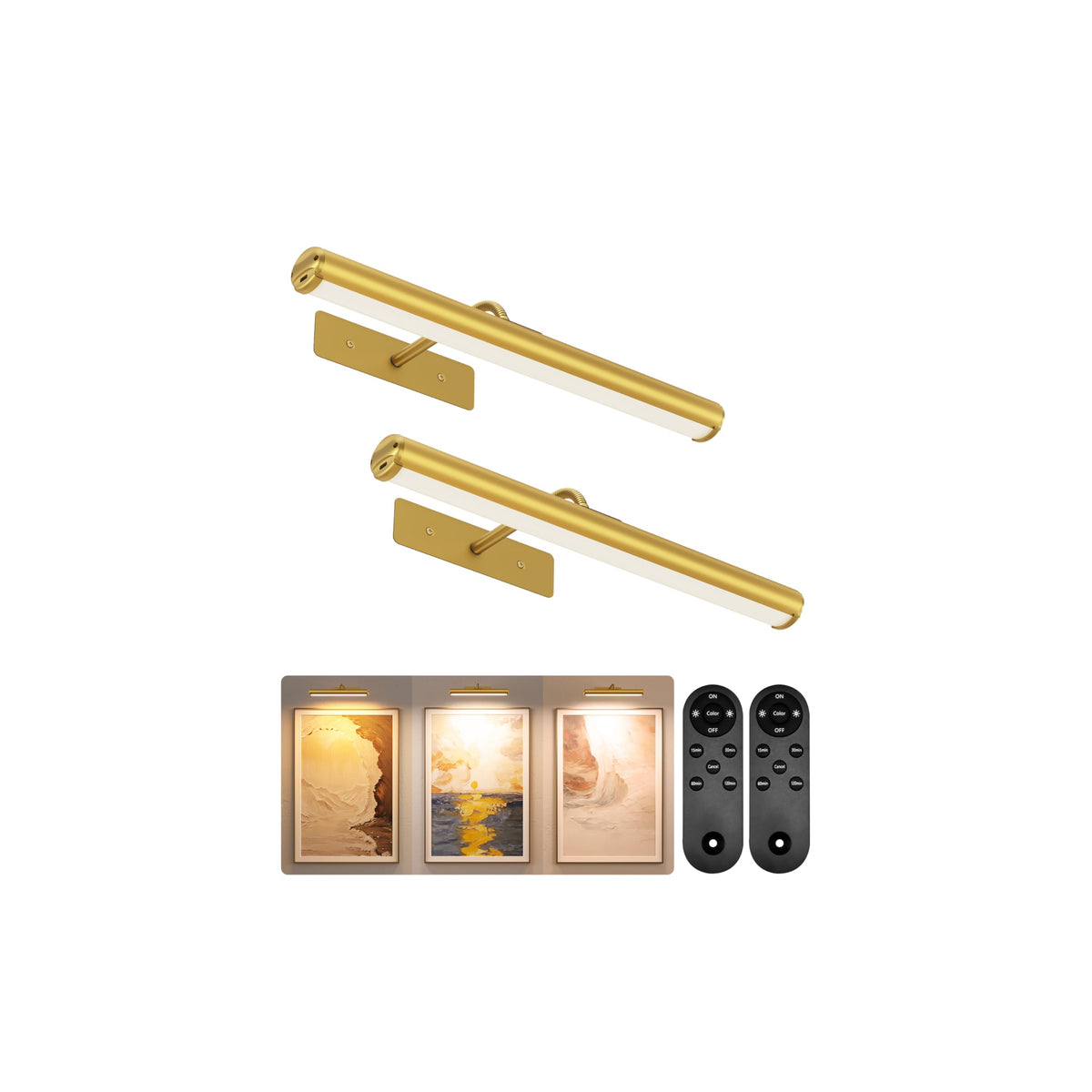 EZVALO two-pack picture lights in gold illuminating a wall display with balanced warmth.
