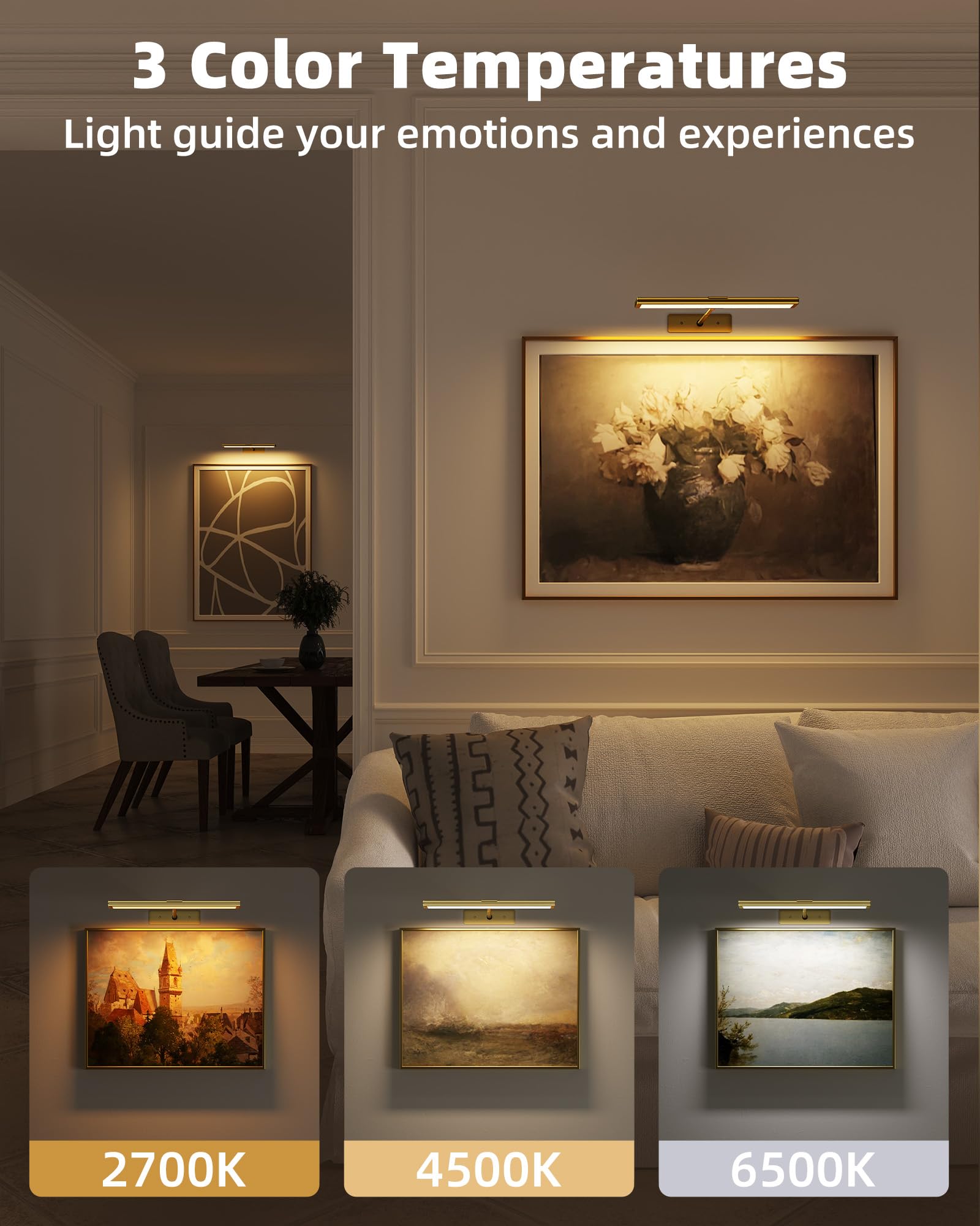 EZVALO picture light wall gold 2-pack dimmable with multiple brightness levels.
