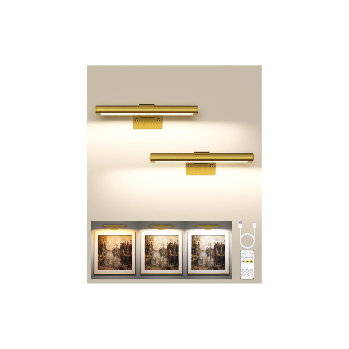 EZVALO picture light on gold wall, 8inch, highlighting art with even illumination