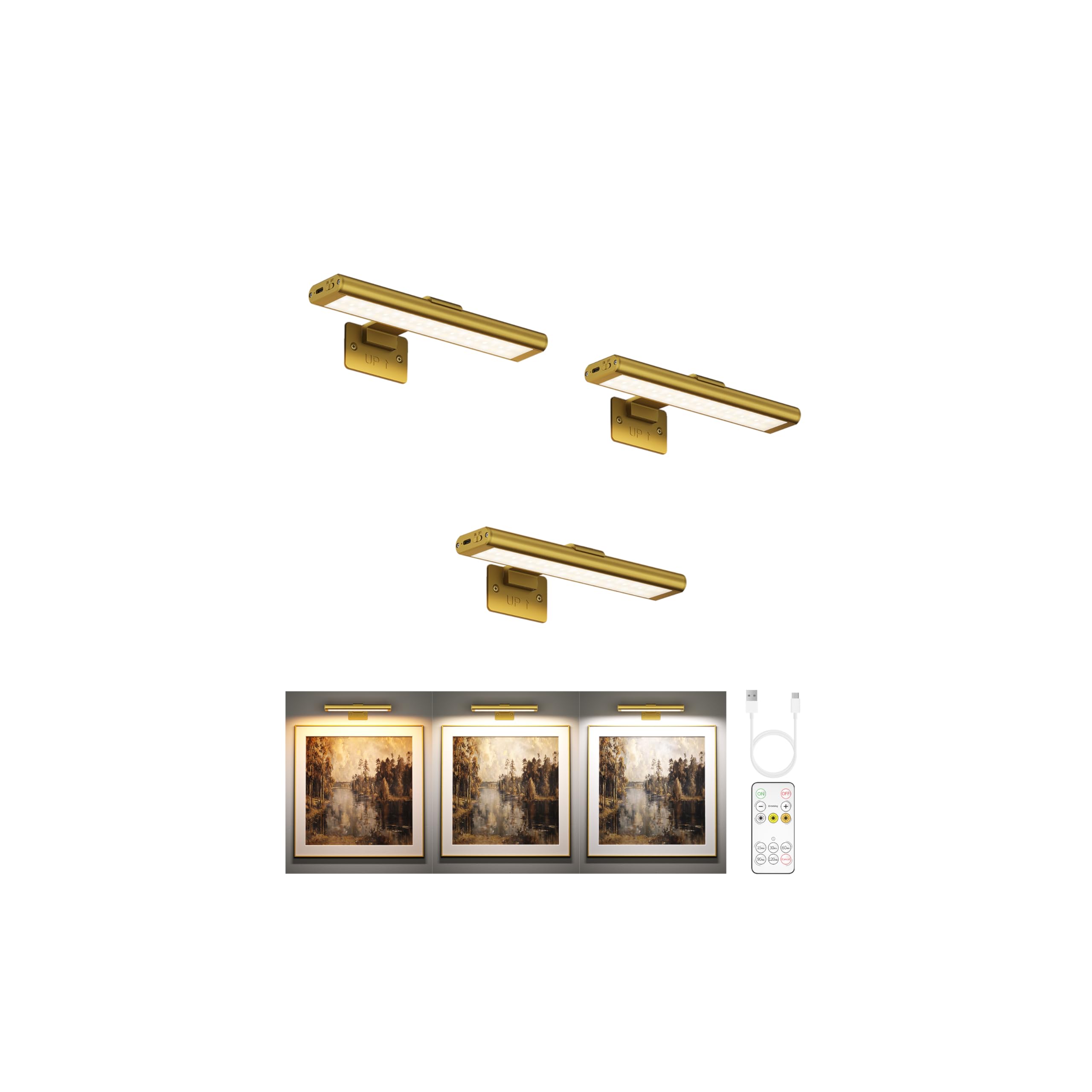 EZVALO picture light on a gold wall mount highlighting artwork with even color.