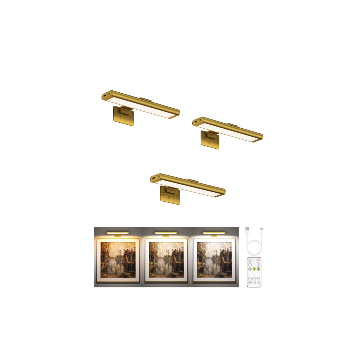 EZVALO picture light on a gold wall mount highlighting artwork with even color.