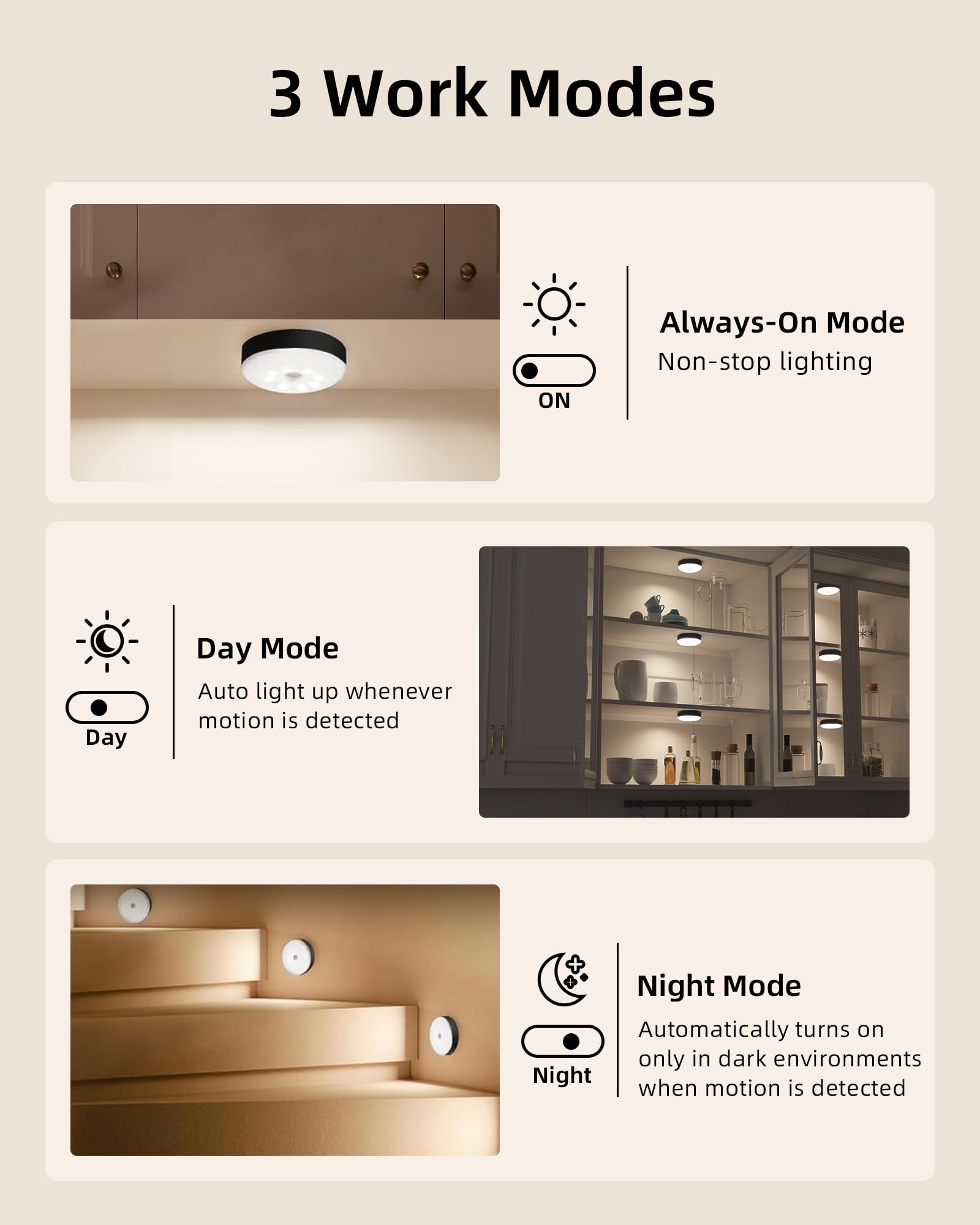 EZVALO puck light in always-on mode for steady illumination