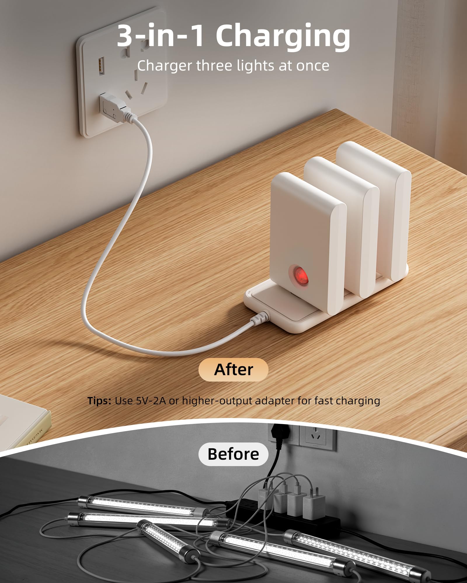 EZVALO rechargeable light with 1500mAh battery and three-port charging station