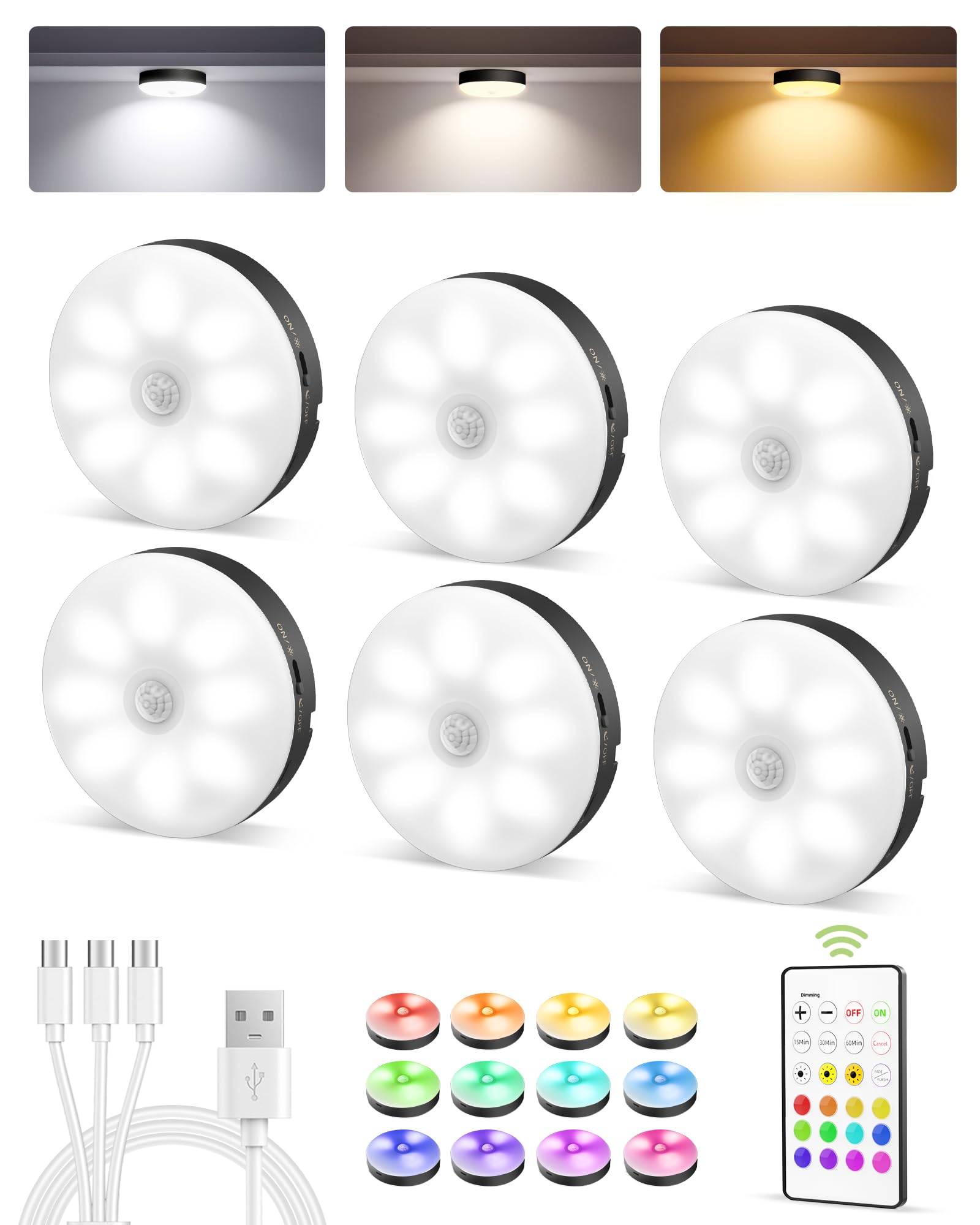 EZVALO rechargeable puck light with remote for easy color control.