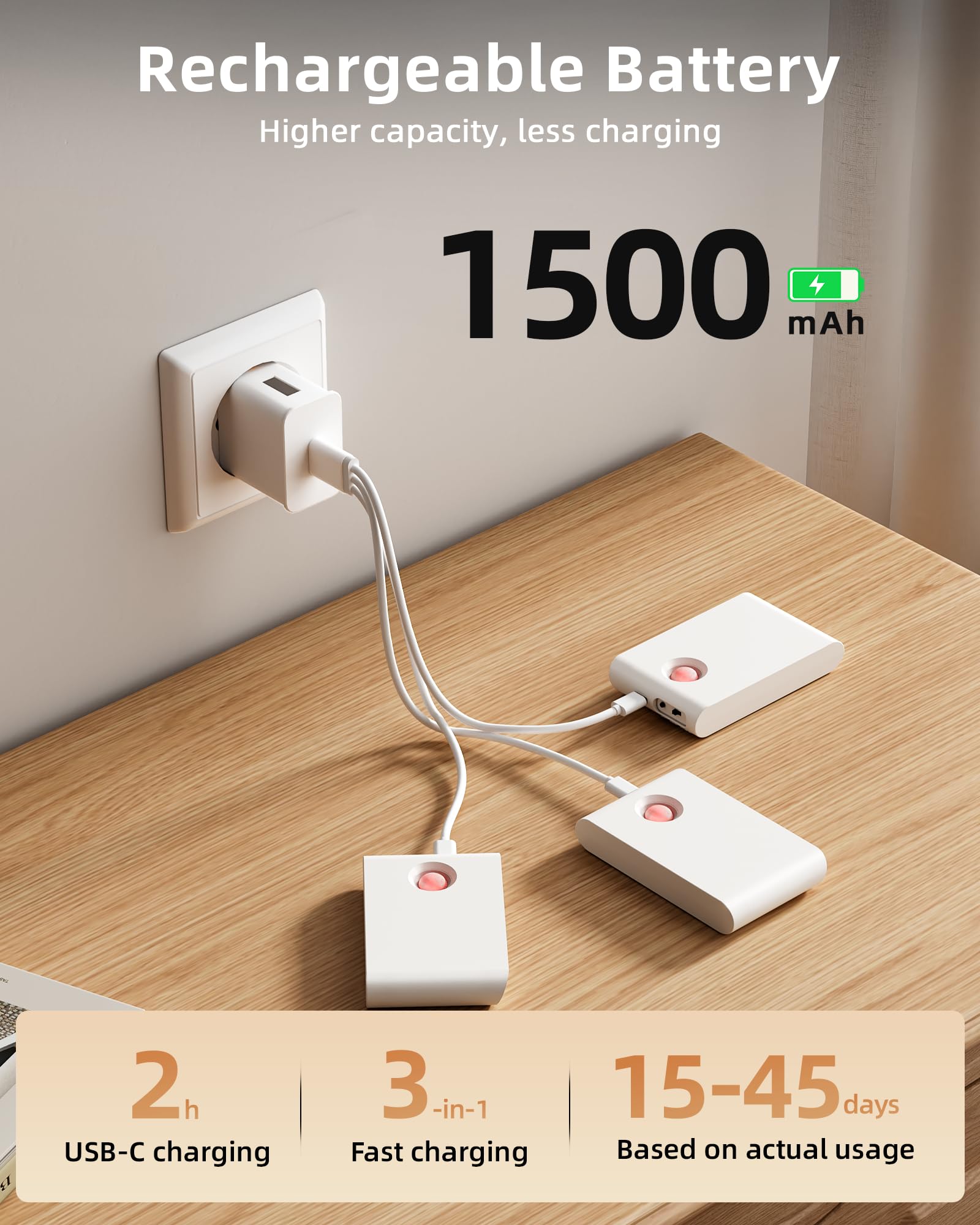 EZVALO rechargeable stair light shows 1500mAh battery and USB-C charging.