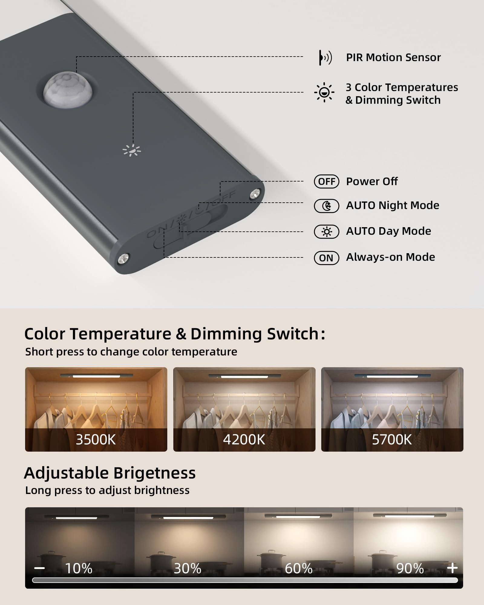 EZVALO dimmable under cabinet light offers warm, natural, and daylight temps for any task.