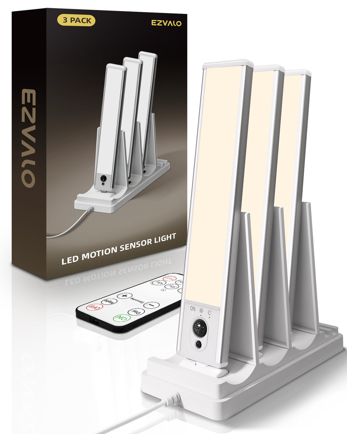 EZVALO under-cabinet lighting 3-pack mounted to countertop, providing bright task light.