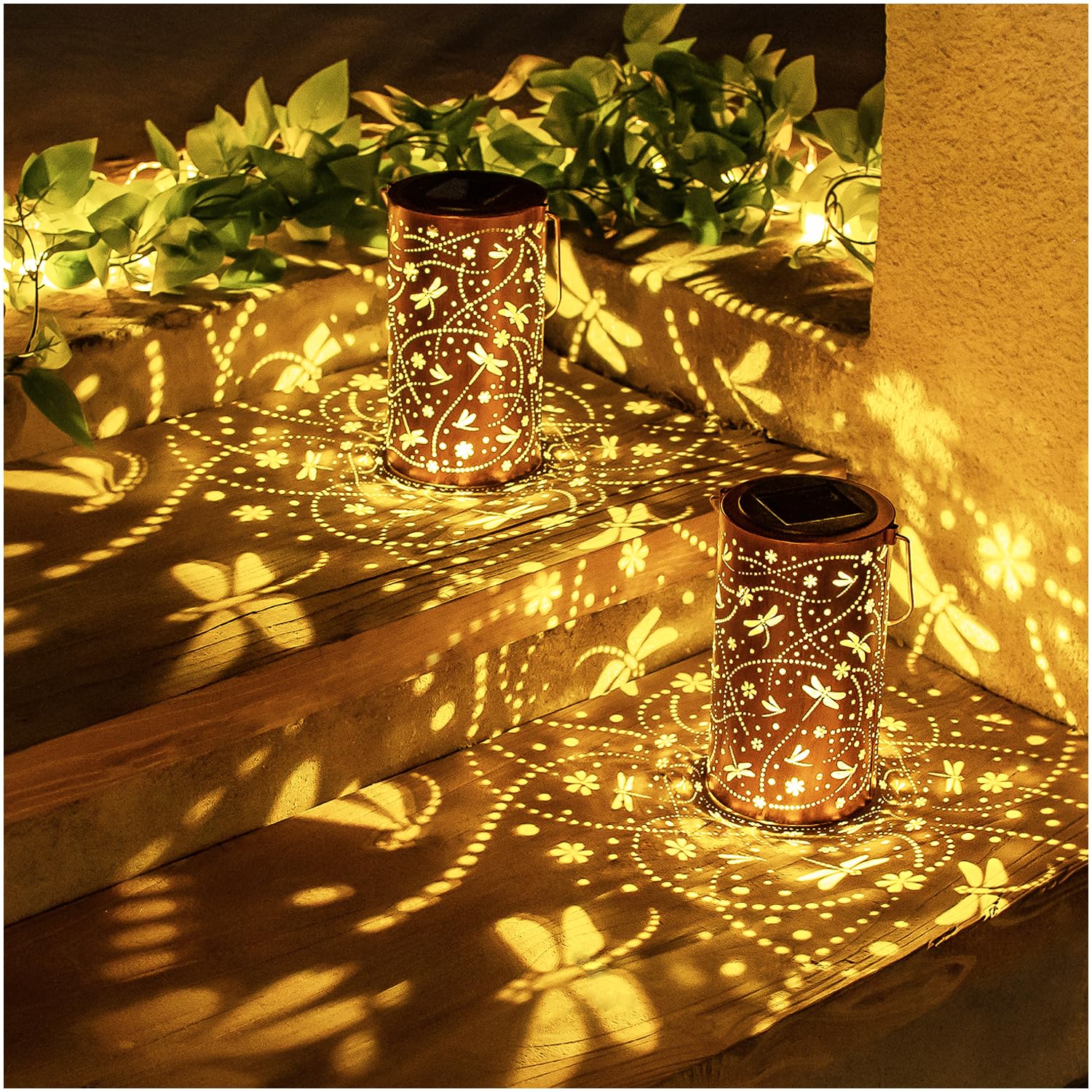 EZTZEN Dragonfly solar lantern at dusk emits warm path lighting