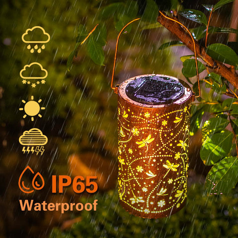 EZTZEN Dragonfly solar lantern hanging on patio for ambient light