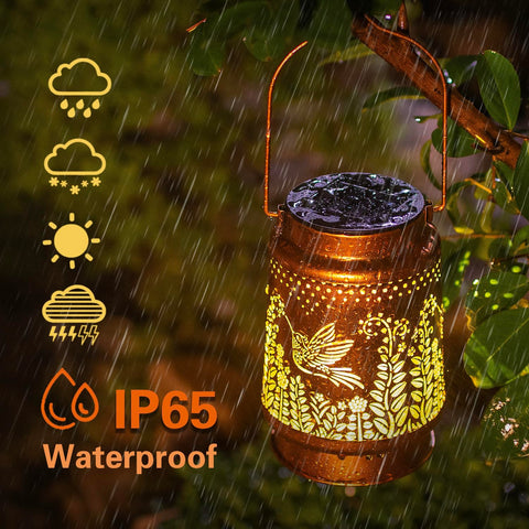 EZTZEN hummingbird lantern lights up automatically at dusk for evening ambiance.