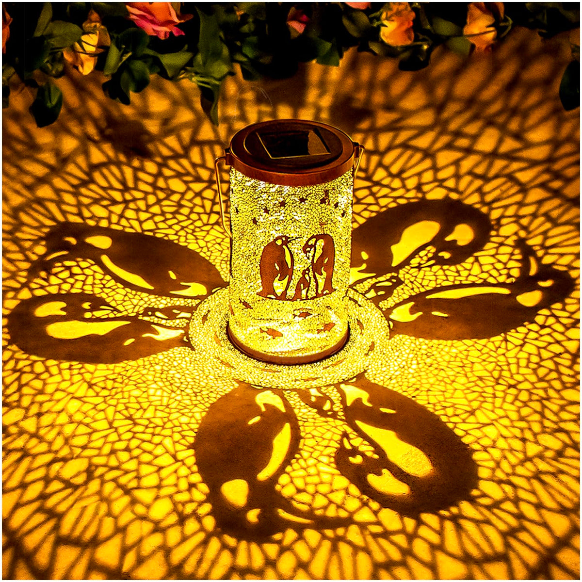 EZTZEN penguin solar lantern casts decorative patterns at dusk for cozy garden illumination.
