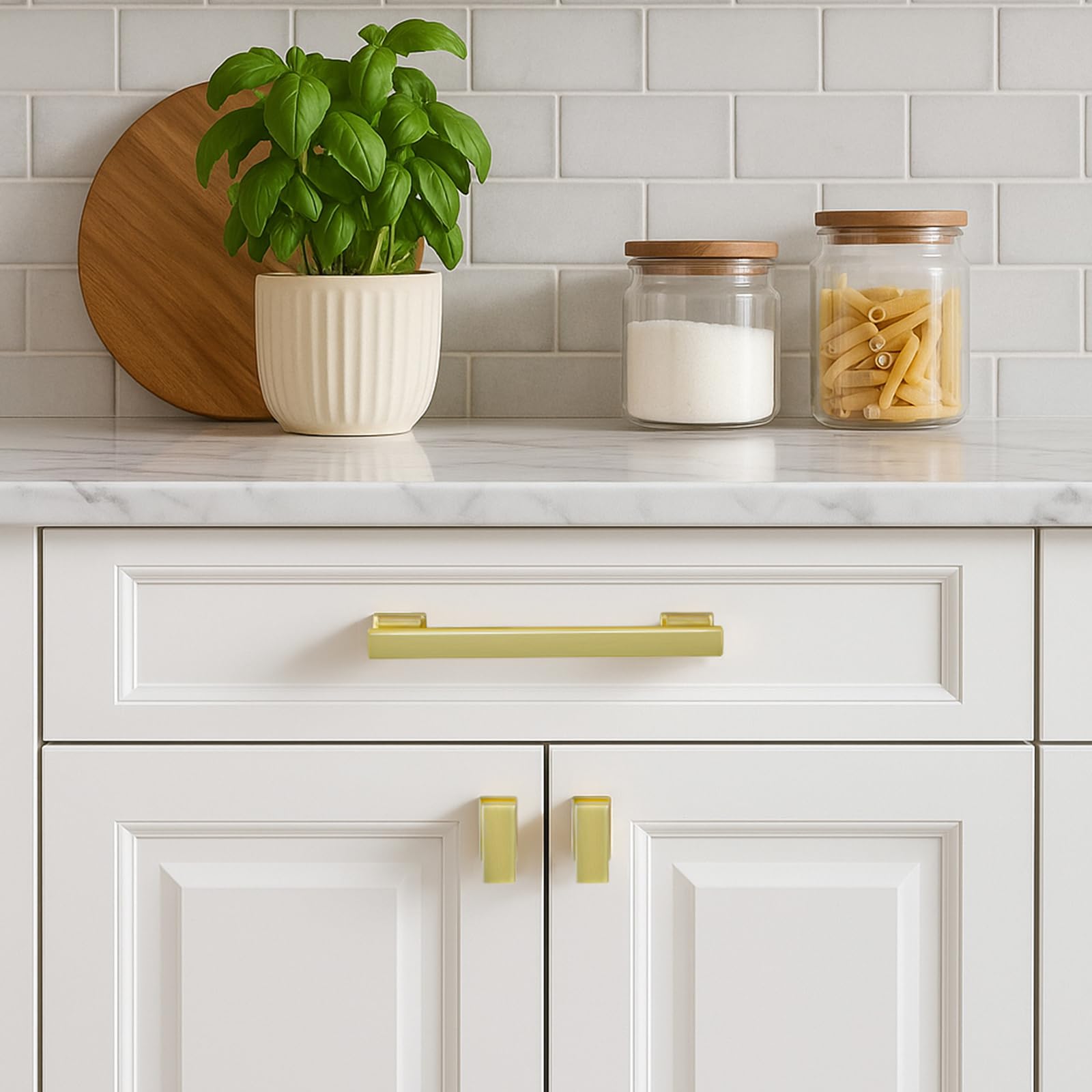 FABERHOM brushed brass cabinet handle front view with warm finish for kitchen and bath upgrades.