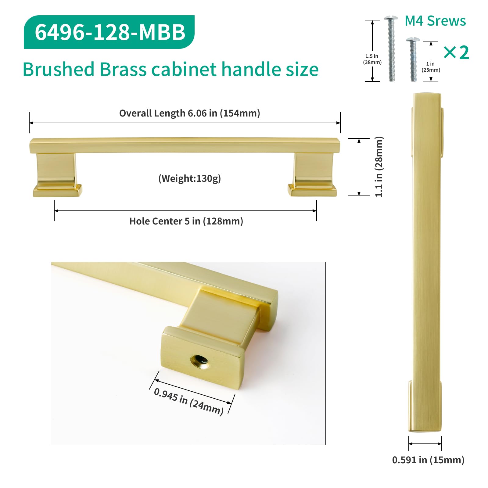 FABERHOM brushed brass cabinet handle side view highlights slim profile and versatile styling.