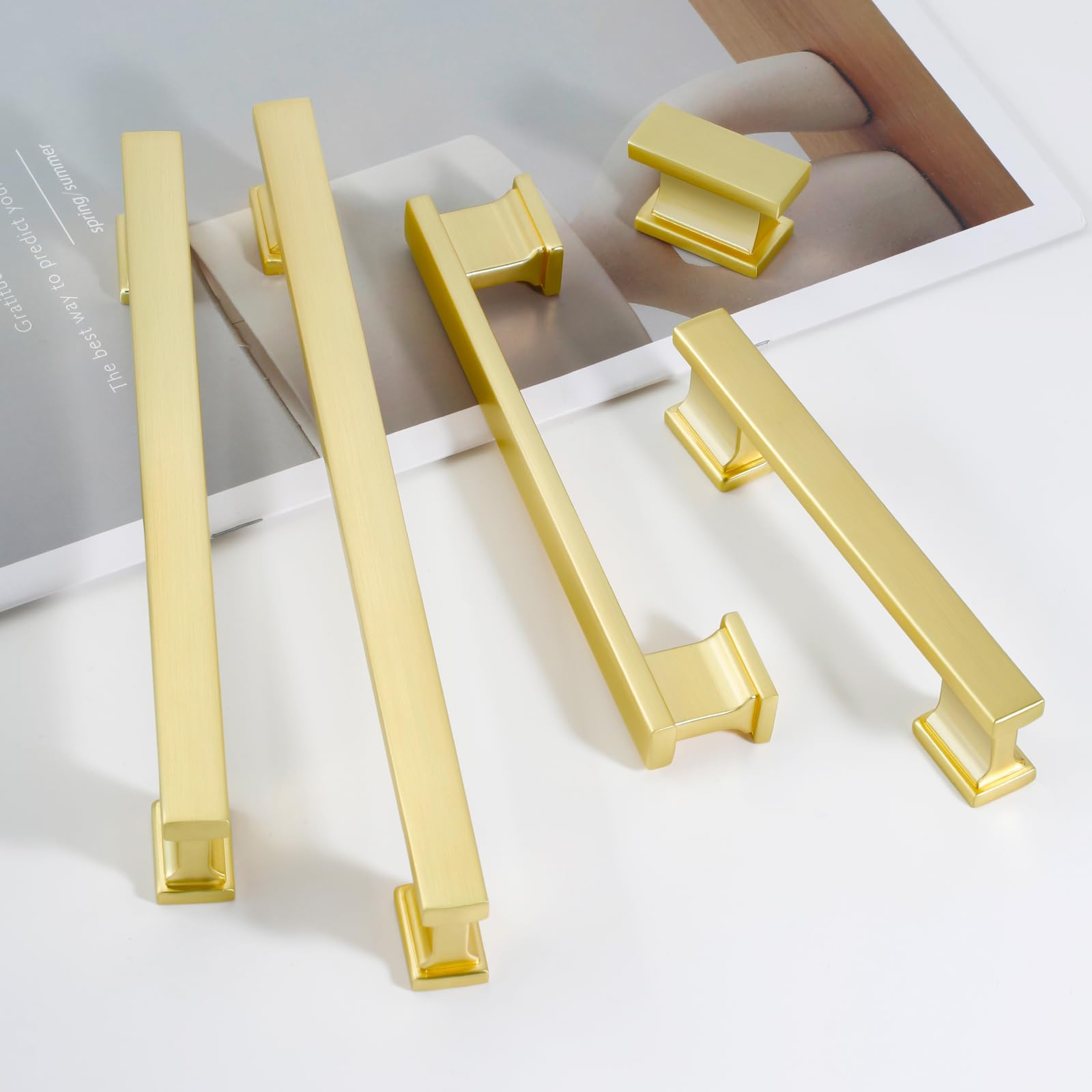 FABERHOM brushed brass drawer pull installation shows secure fit with standard spacing.