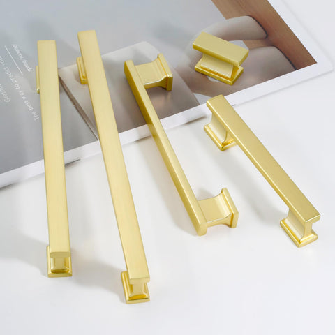 FABERHOM brushed brass drawer pull installation shows secure fit with standard spacing.