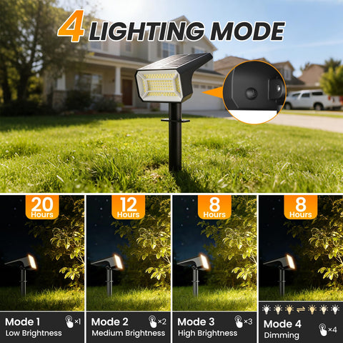 Fabrito solar spot lights offer 4 modes for ambient to security lighting.