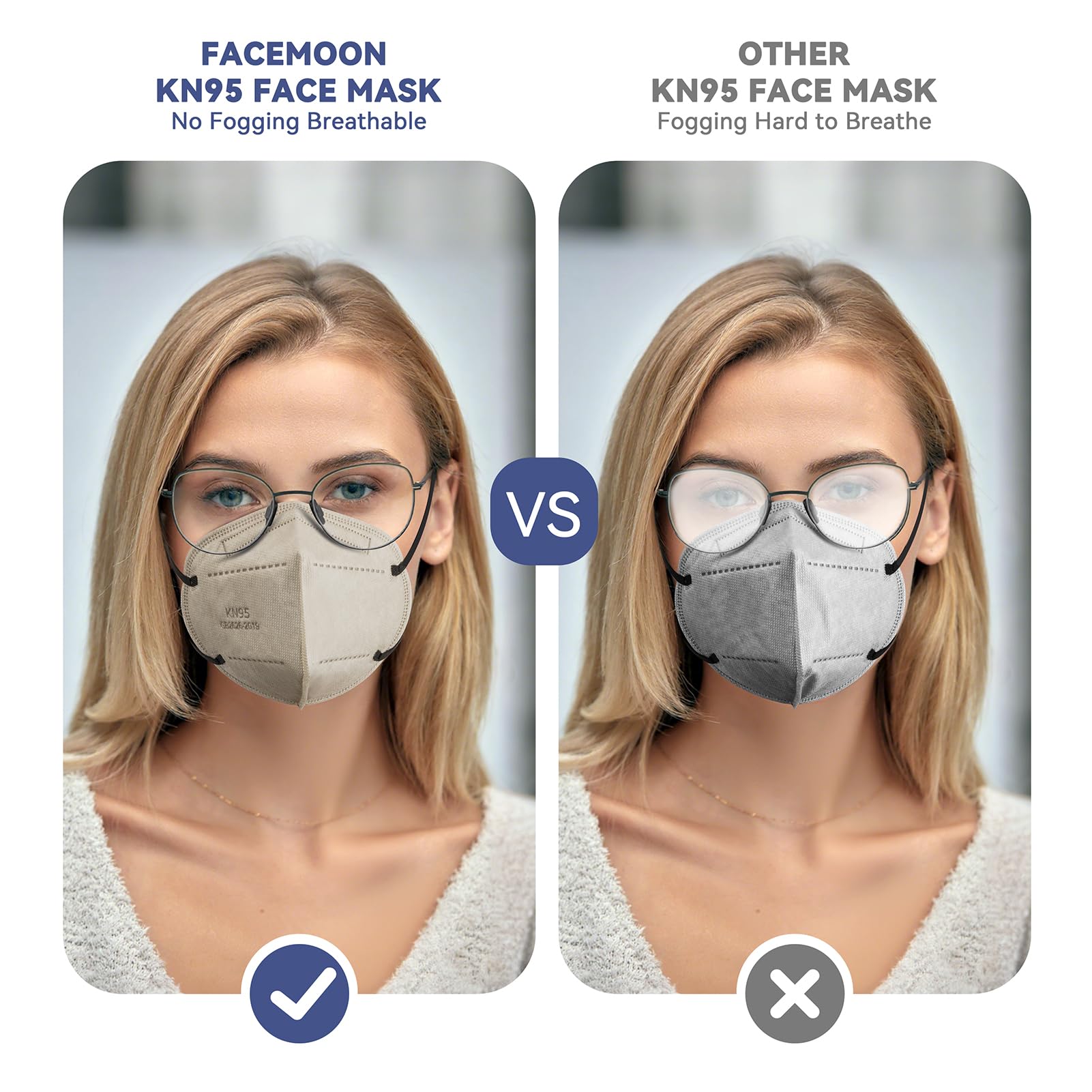 Facemoon KN95 with 3D design nose clip for a secure, comfortable fit.