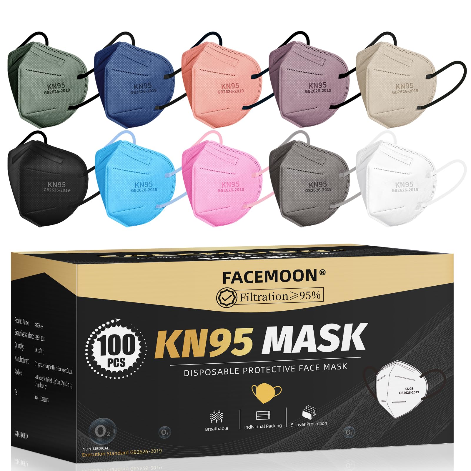Facemoon KN95 disposable masks in a 100-pack, designed for daily wear and comfort.