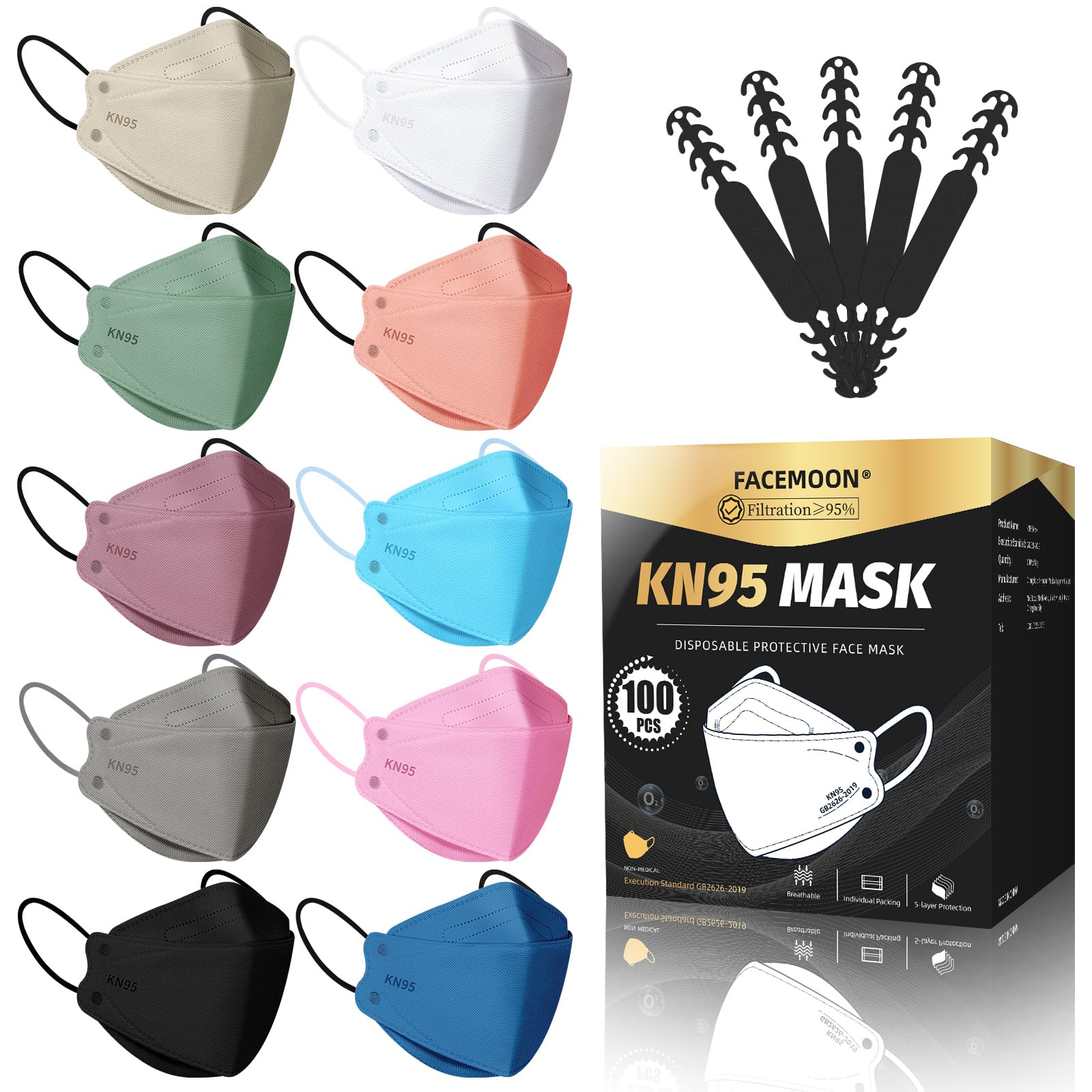 FACEMOON KN95 mask pack on white surface, daily protection against pollution.