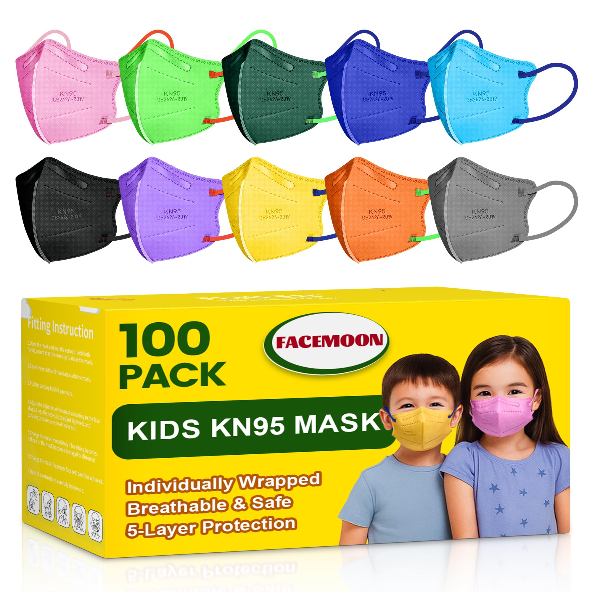FACEMOON KN95 Kids 100-pack masks for school and travel.
